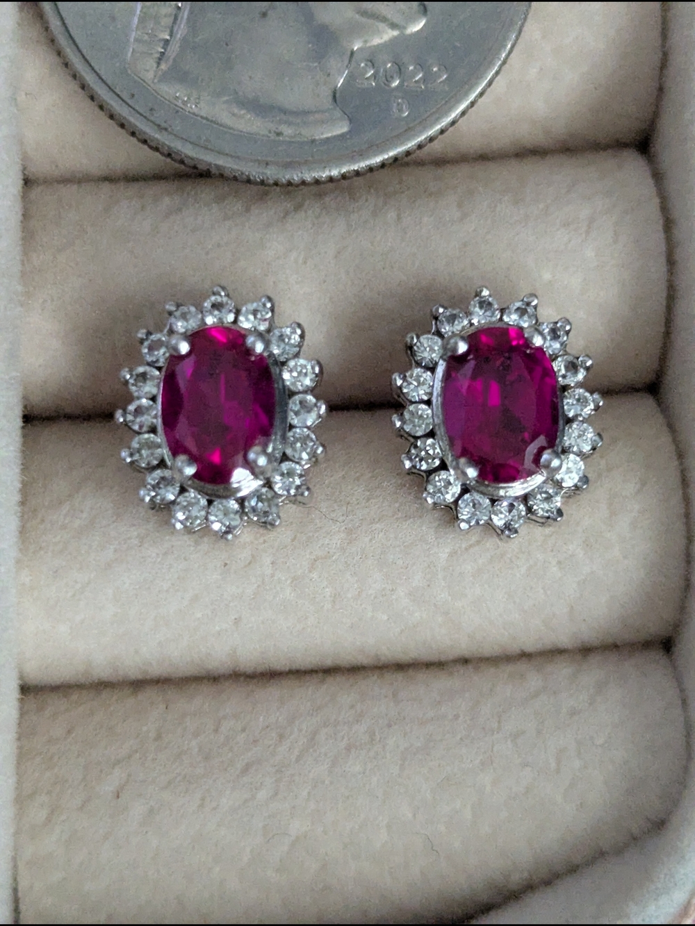 Vintage-Style Pink Oval Halo Stud Earrings. Stamped 925 Silver